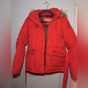 VINTAGE Mudd Red Puffer Jacket with Detachable Faux Fur Hood, Y2K, medium